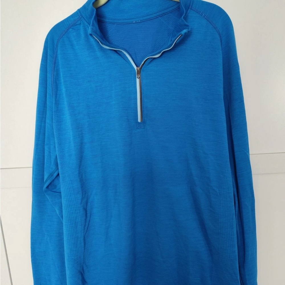 Lululemon Metal Tech Vent 3/4 Zio Mens EUC XL Blue “Do it for the bacon man”